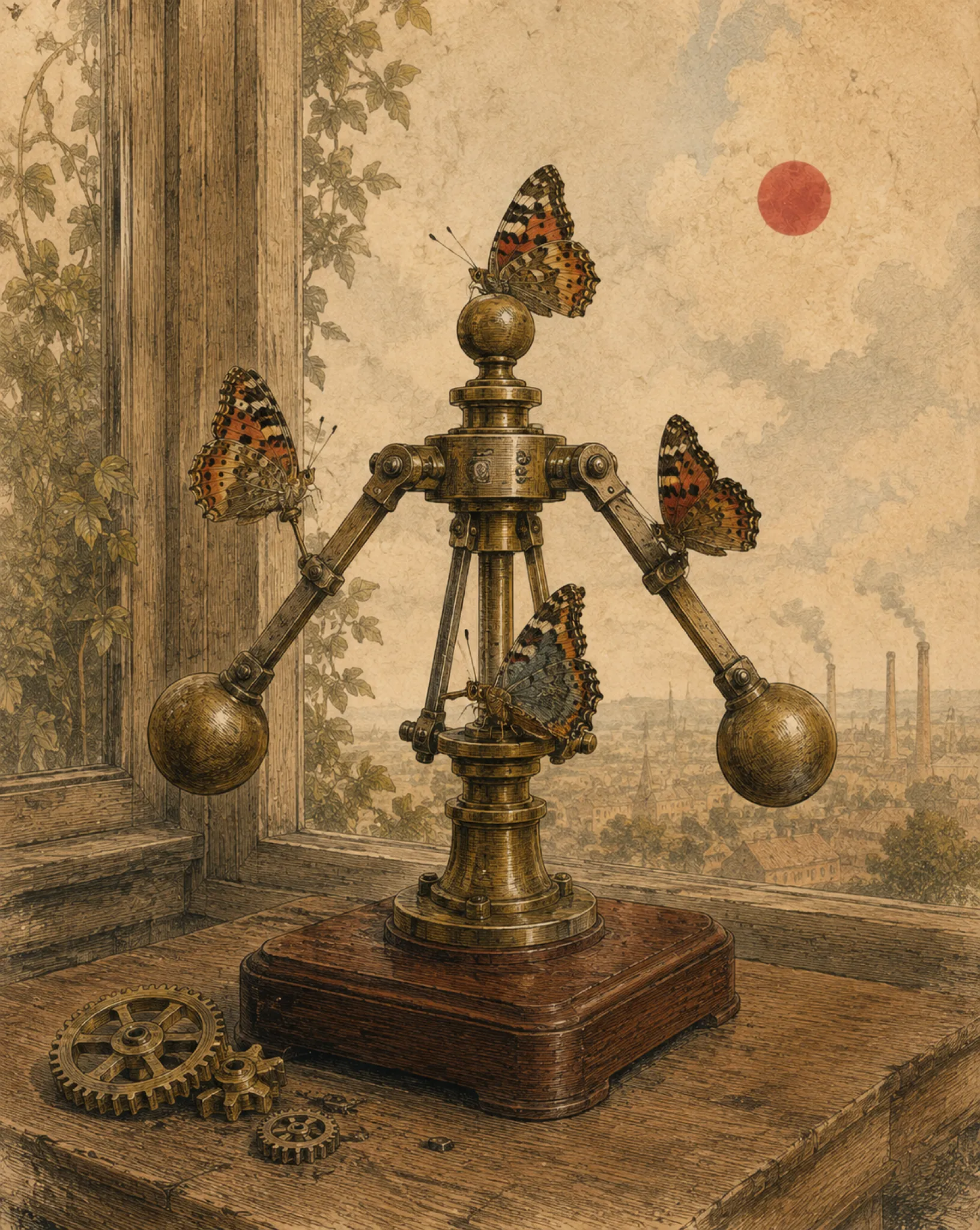 Engraved plate: a brass centrifugal governor on a naturalist's desk, butterflies settled on its arms, a red sun over factory chimneys through the window